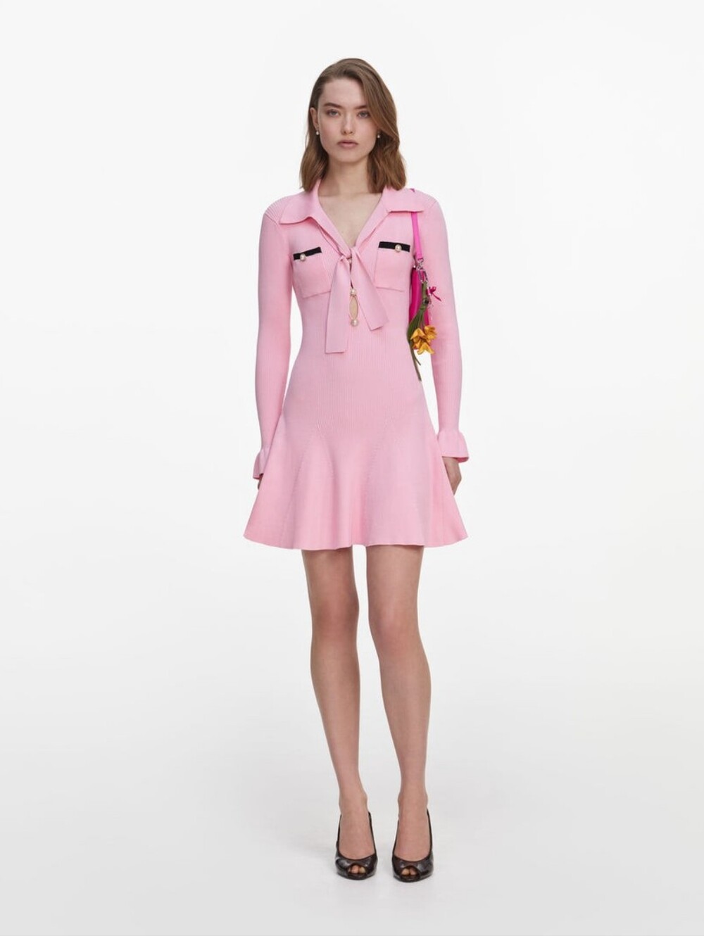 Self Portrait Pink Viscose Knit Tie Mini Dress